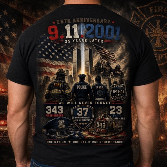 9/11 25th Anniversary Memorial Firefighter Shirt, Never Forget 9-11-2001 Tribute Tee, FDNY Police EMS Patriotic T-Shirt, Unisex 2-Side Multicolor