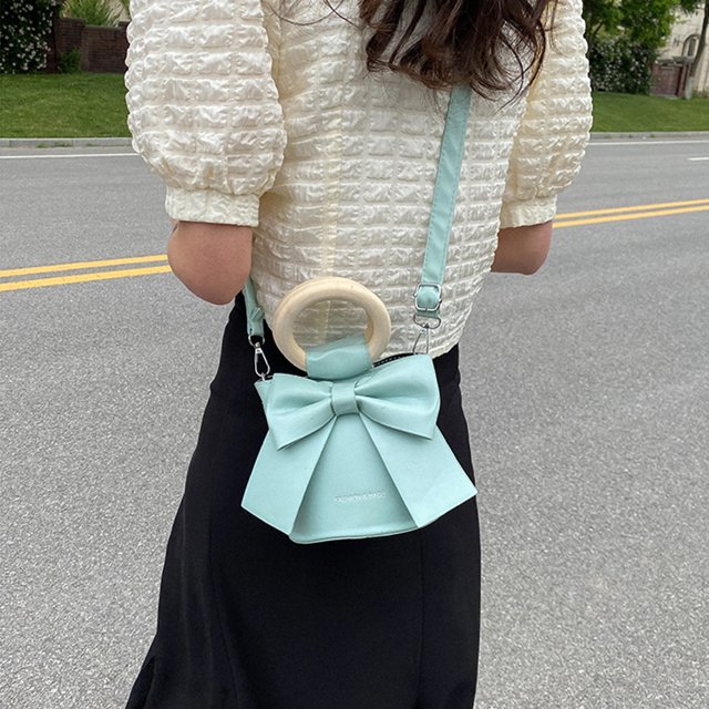 Bolsa De Hombro Bow Tie Bucket Crossbody Bag Mujeres PU Bolsos con asa de madera (Azul lago)