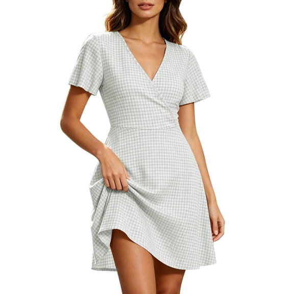 Dvprdro Summer Plaid A Line Mini Dress for Women V Neck Short Sleeve Dress Casual Beach Vacation Party