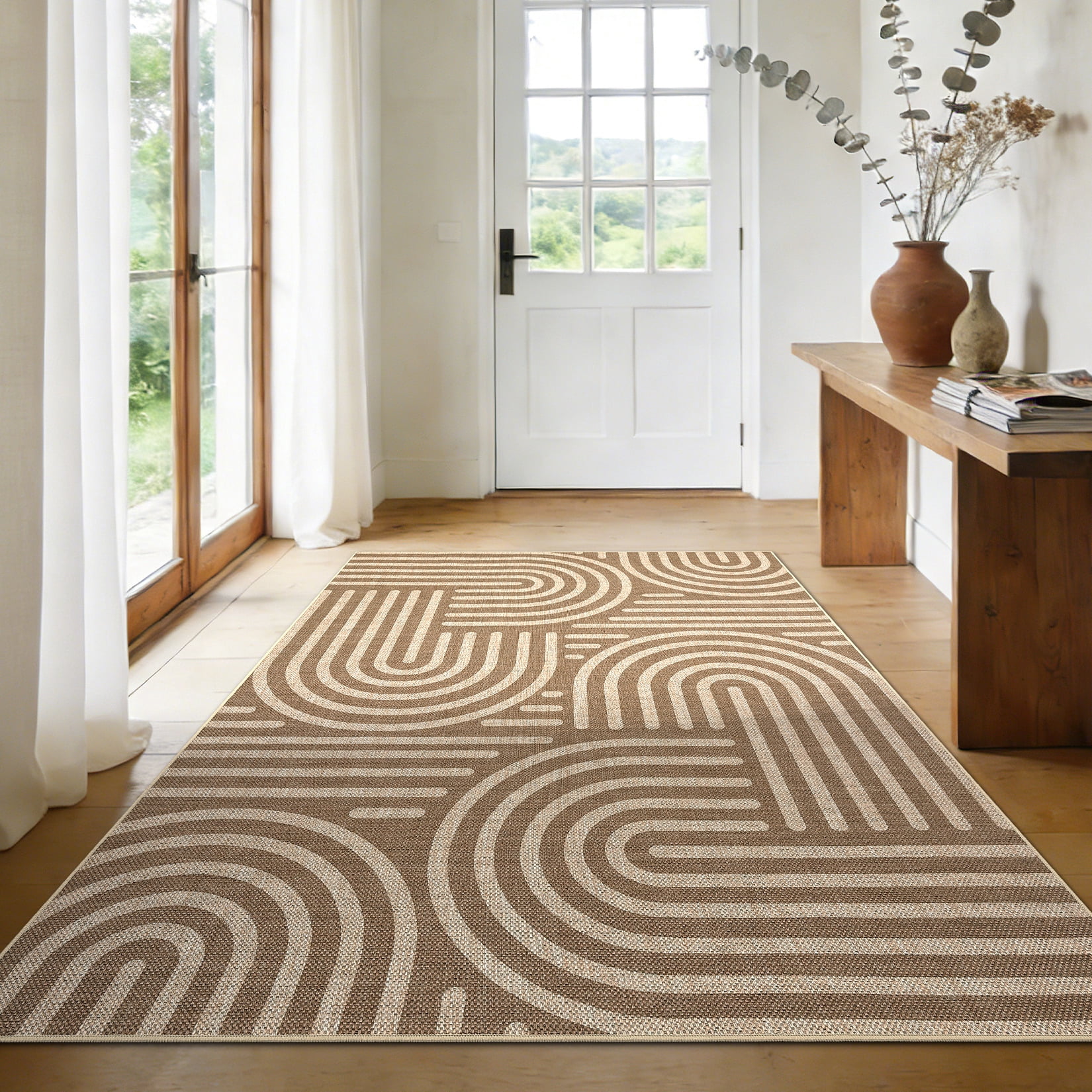 Garvee 8'x10' Geometric Area Rug Easy Jute Carpet, Abstract Washable Rug Rainbow Non Slip Indoor Outdoor Accent Rug for Living Room Bedroom Dining Room Balcony Patio, Brown