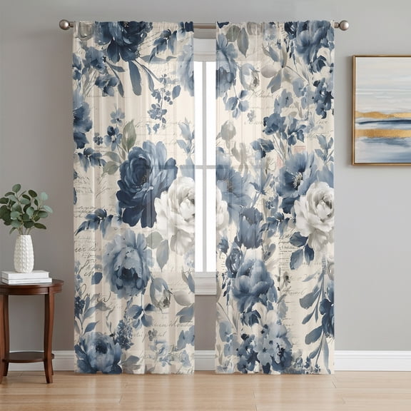 Blue Spring Floral Sheer Curtains 84 Inch Length 2 Panels Set, Vintage Flowers Botanical Farmhouse Voile Window Treatment Rod Pocket Curtains Sheers Drapes for Bedroom/Living Room/Kitchen 52"x84"x2