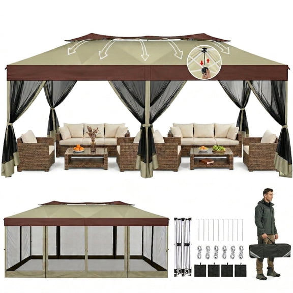 HOTEEL 10x20 Gazebo Canopy Tent with 6 Netting Sidewalls,Pop up Canopy for Parties Wedding,Commercial Easy up Gazebo with Sandbags,UV 50 ,Brown
