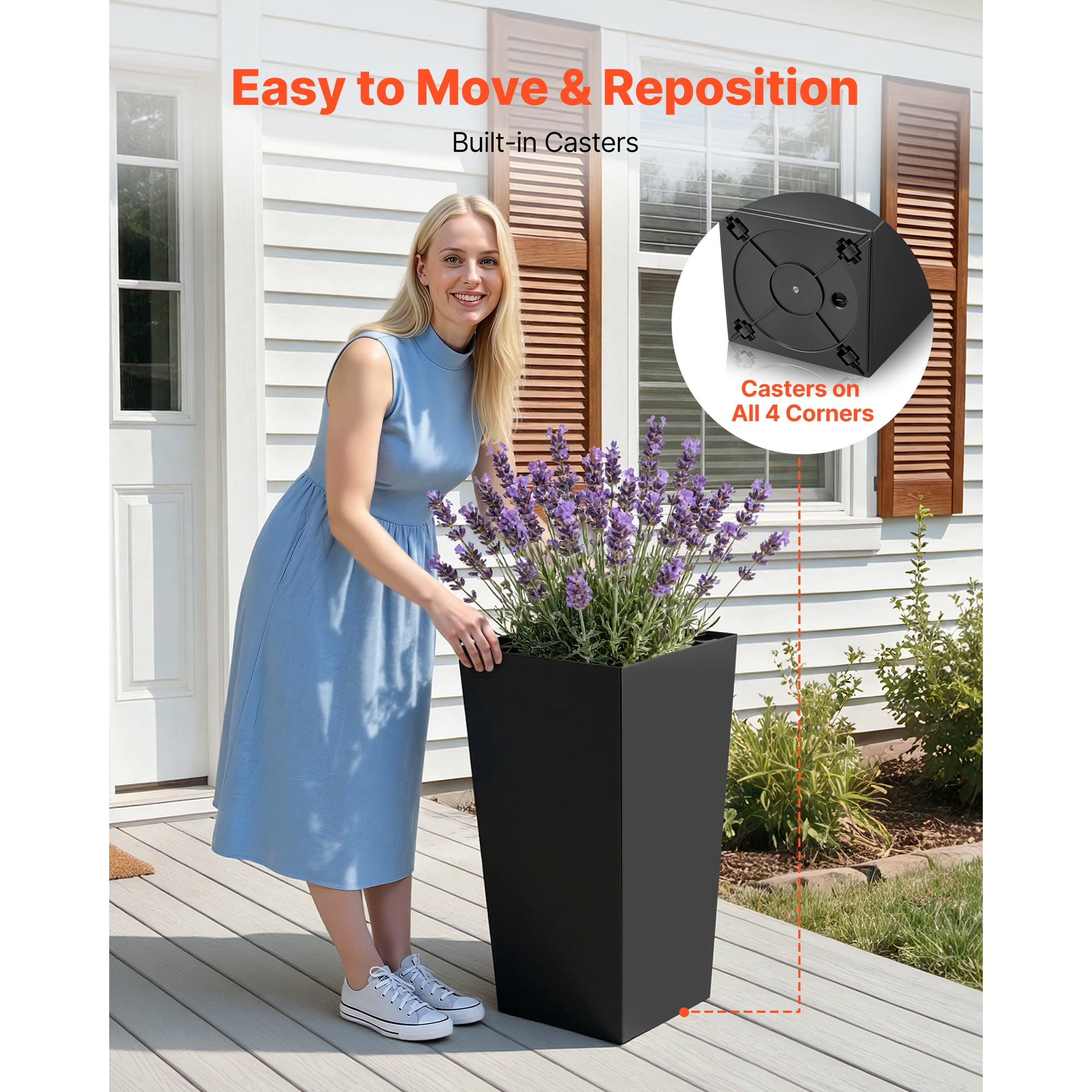 KFFKFF Set of 2 Tall Planters, 30in Large Tapered Pots for Indoor and Outdoor Plants, Modern Plastic Flower Containers with Wheels, Inner Pot, and Drainage Holes for Patio, Garden, Black