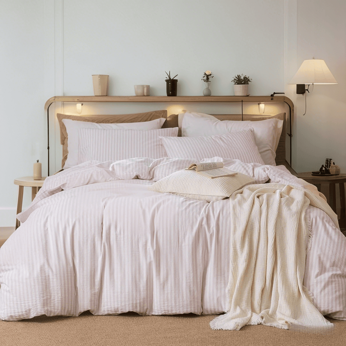 JOLUSERE 100% Cotton Striped Duvet Cover Queen Set, 3-Piece Linen Like Textured Breathable Comforter Cover(Greyish Pink& White Classic Stripes)
