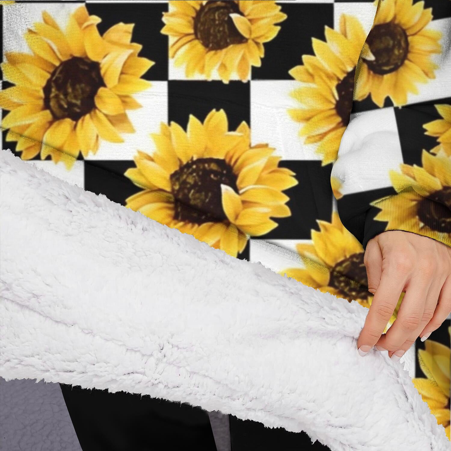 Oversized Wearable Blanket Hoodie,Black White Checker Sunflower Pattern Sherpa Blanket Hoodie with Super Pockets,Super Warm Fuzzy Pullover for Women & Men