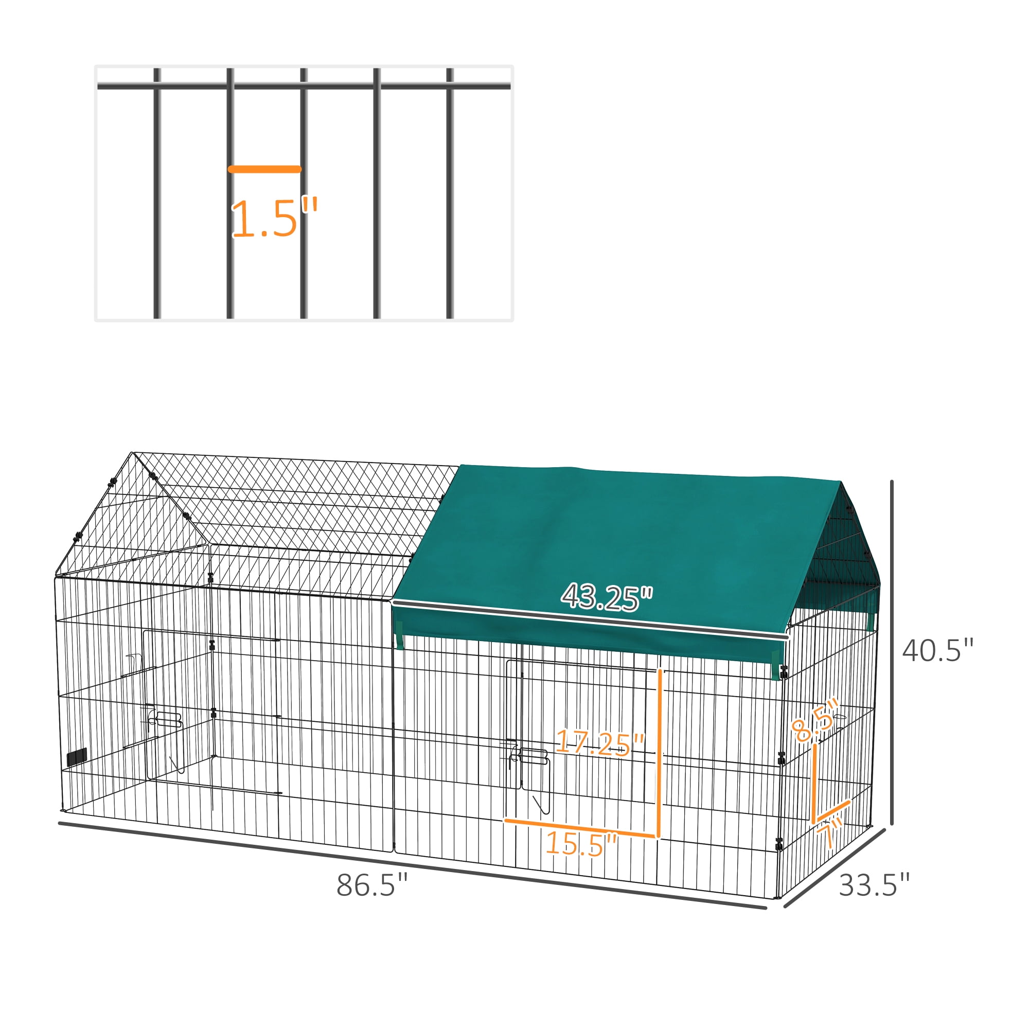 PawHut 87" Small Animal Playpen, Pet Playpen Yard Fence for Rabbits, Chicken, Chinchillas with Roof for Indoor Outdoor, Green