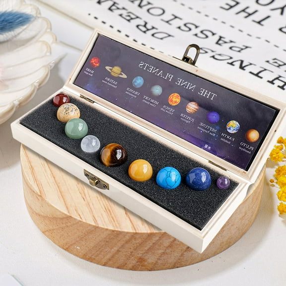 Joernso Faux Crystal 9 Planets Ball Solar Sun System Rock with Wooden Box Realistic Looking Quartz Stones Beads Desktop Decoration