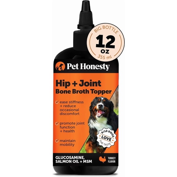 Pet Honesty Hip and Joint Liquid Supplement with Salmon Oil for Dogs - Ease Stiffness, Reduce Discomfort & Support Joint Mobility Liquid Supplement, Food Topper Bone Broth with Glucosamine (12 oz)