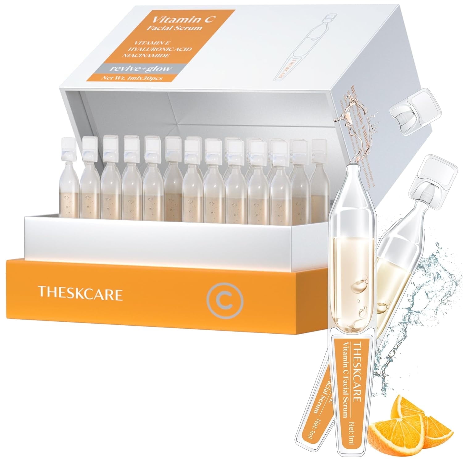 THESKCARE Vitamin C Face Serum with Hyaluronic Acid, Glutathione, Vitamin E, Niacinamide, Anti-Aging, 30 Ampoules