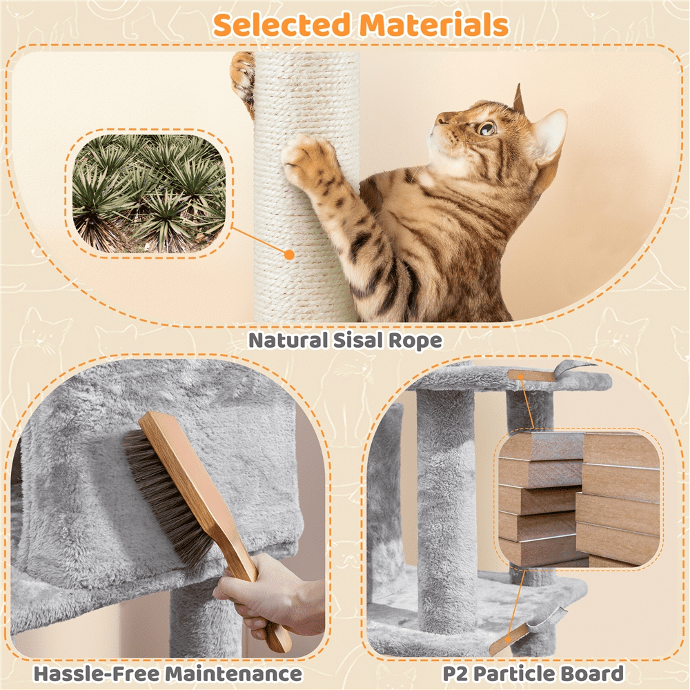 Renwick 54″ Tall Multilevel Plush Cat Tree with Hammock Scratching Posts, Light Gray