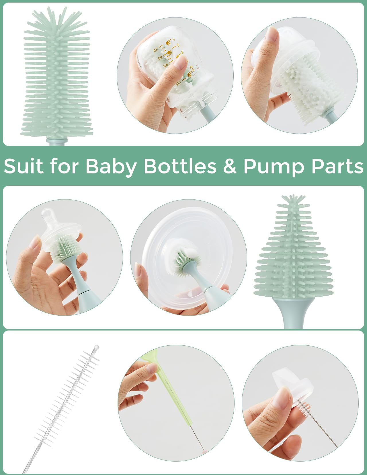 Momcozy Portable Bottle Brush Set - Baby Bottle Cleaner Kit with Silicone Brush, Nipple Brush, Straw Brush, Soap Dispenser, Drying Rack - 6 in 1 Bottle Cleaning Tool for Home and Travel 1 Set Green