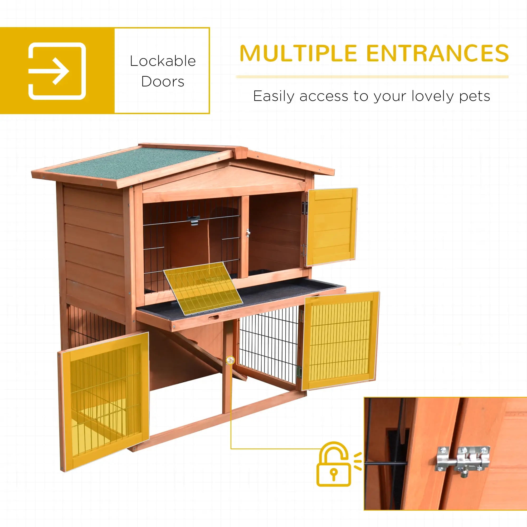 Pefilos 40" Indoor Rabbit Hutch with Run, 2-Story Chicken Coops with Ramp, Pull-Out Tray, Outdoor Bunny Cage for Rabbits or Guinea Pigs, Brown