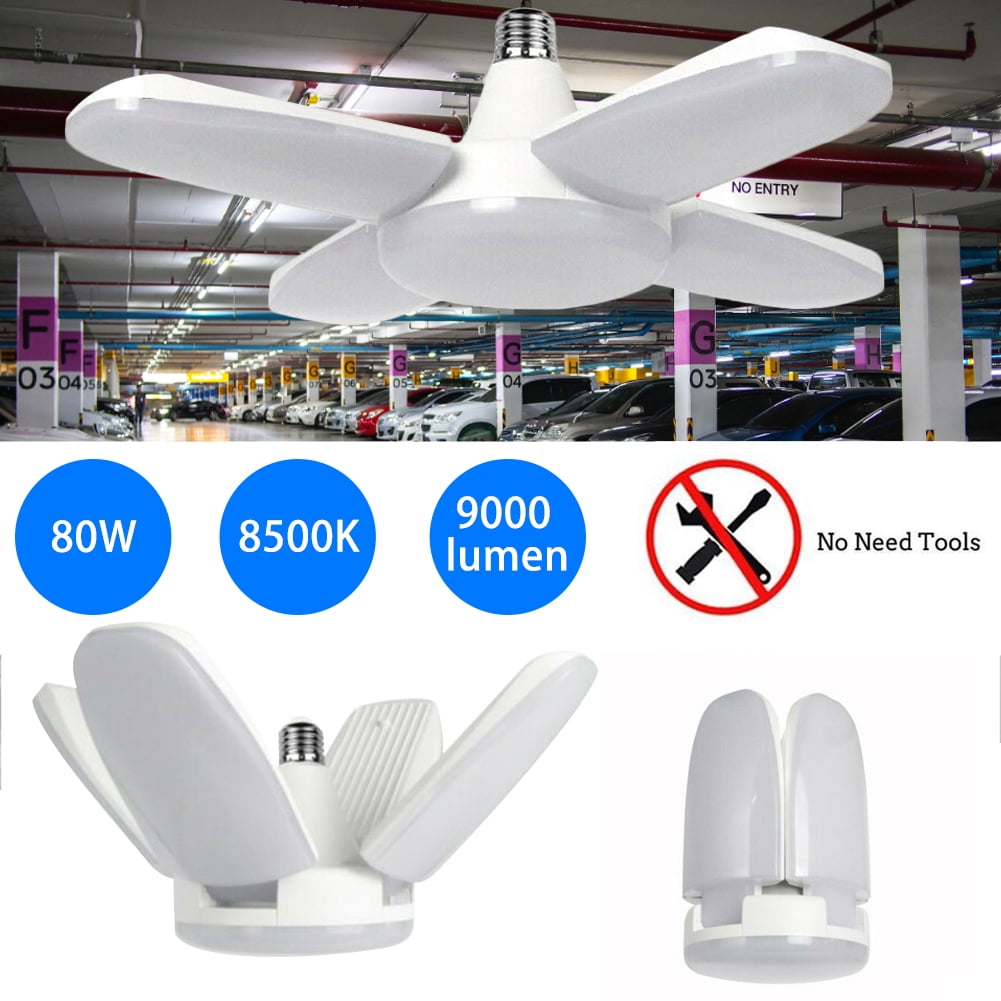 80W E27 LED Garage Light Deformable Ceiling Fixture Lamp Bulb for Shop Work Home 