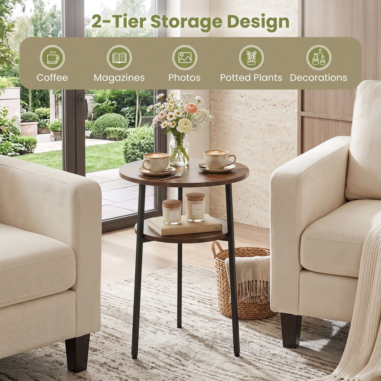 Furnibear Set of 2 Round Side Table with Storage Shelf and Metal Frame, 2-Tier Nightstand End Table for Living Room Bedroom Small Spaces, Rustic Brown
