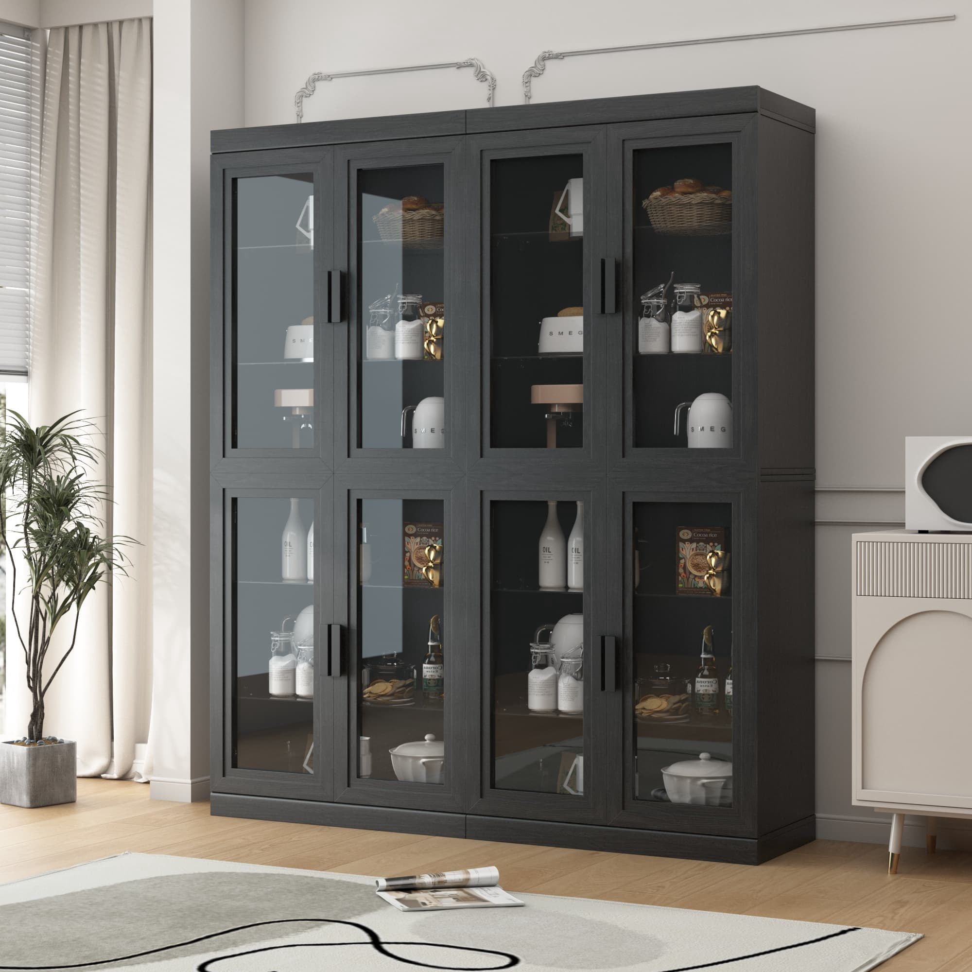 MAYEERTY Curio Display Cabinet with Glass Doors, DIY Combination Storage Cabinets with Adjustable Shelves for Living Room, Black