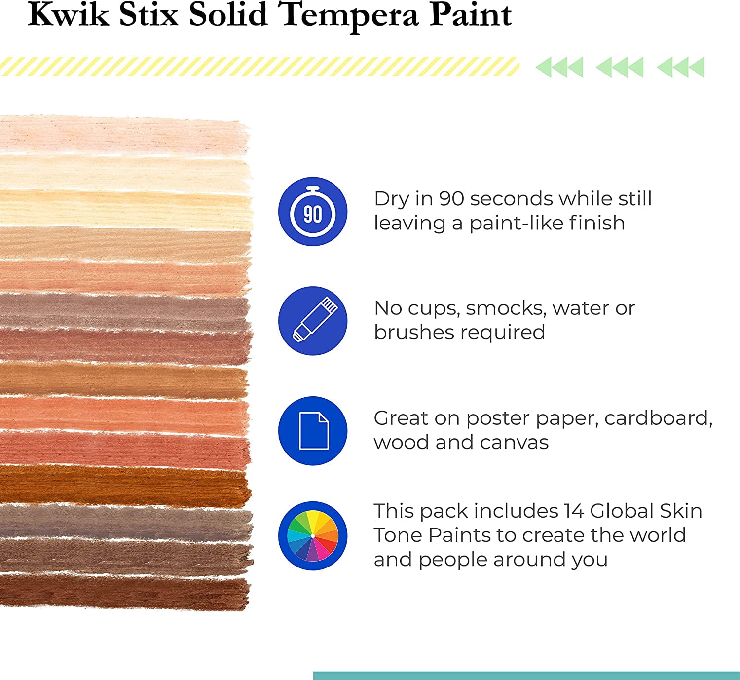 Kwik Stix Solid Tempera Paint Sticks, 14 Count, Global Skin Tone Colors, Washable, Quick-Drying, Non-Toxic