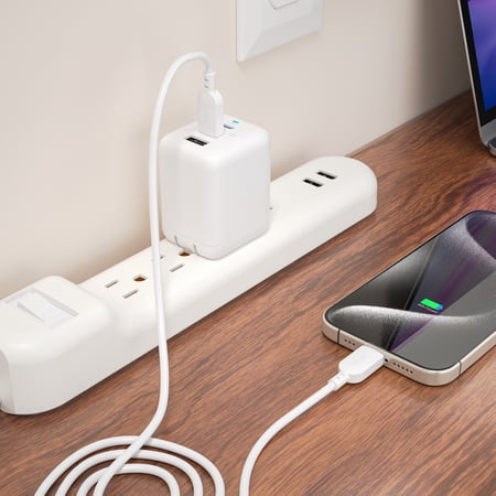 ONN 62W MULTI-PORT WALL CHARGER, FAST CHARGING, USB-C/USB-A, USB-IF CERTIFIED, FOLDABLE PLUG, WHITE