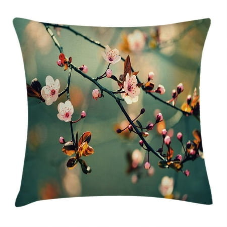 Nature Throw Pillow Cushion Cover, Spring Themed Asian Floral Flowering Japanese Cherry Sakura Photo, Decorative Square Accent Pillow Case, 18 X 18 Inches, Light Pink and Forest Green, by (Best Cover Photos Of Nature)