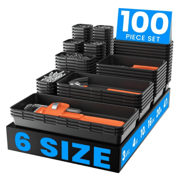 Tool Organizer Tray Set - Black Plastic Drawer Dividers for Garage Cabinets, Rolling Tool Chests, Workbenches & Office Storage
