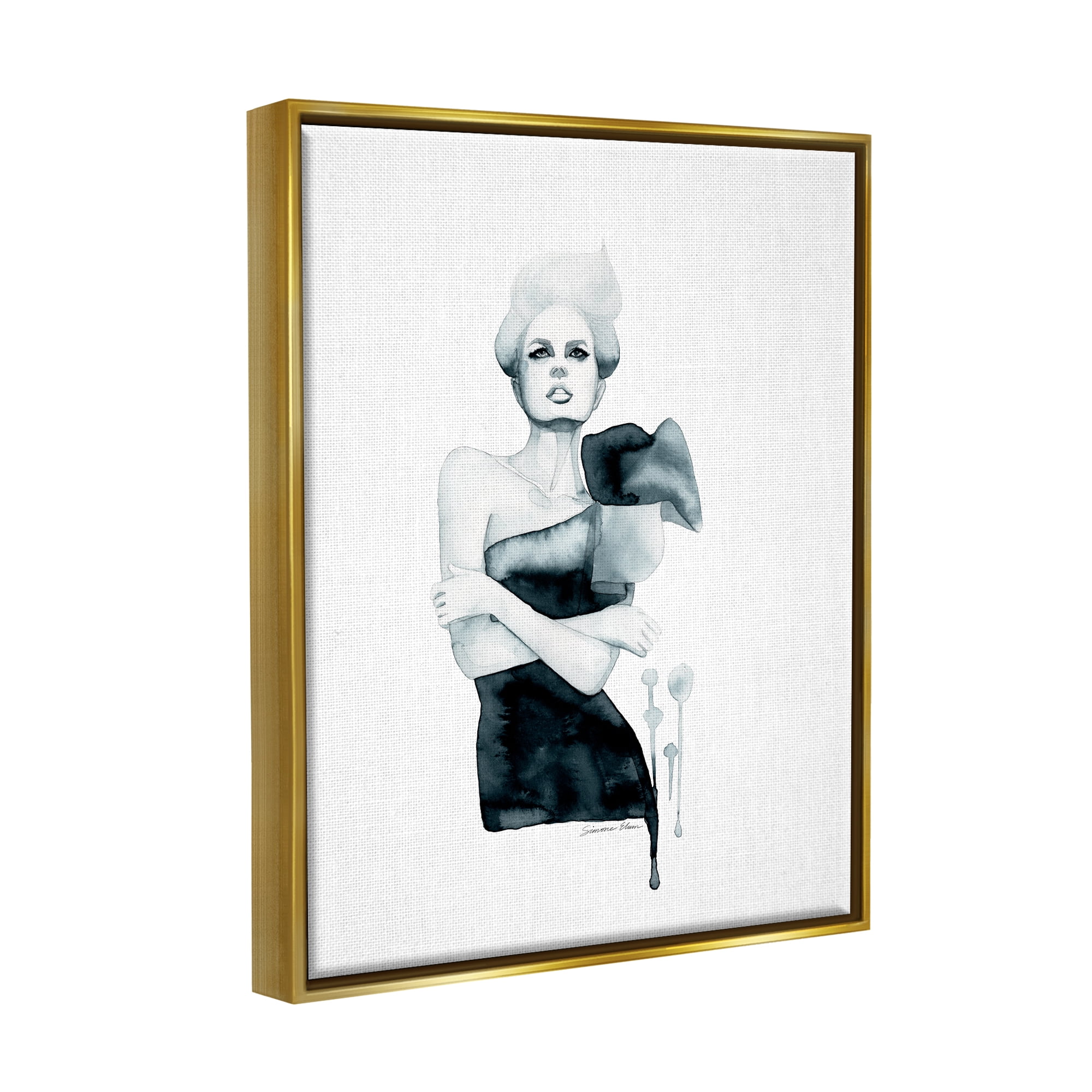 Stupell Industries Girl in Black Gown Beauty & Fashion Painting Gold Floater Framed Art Print Wall Art, 17 x 21