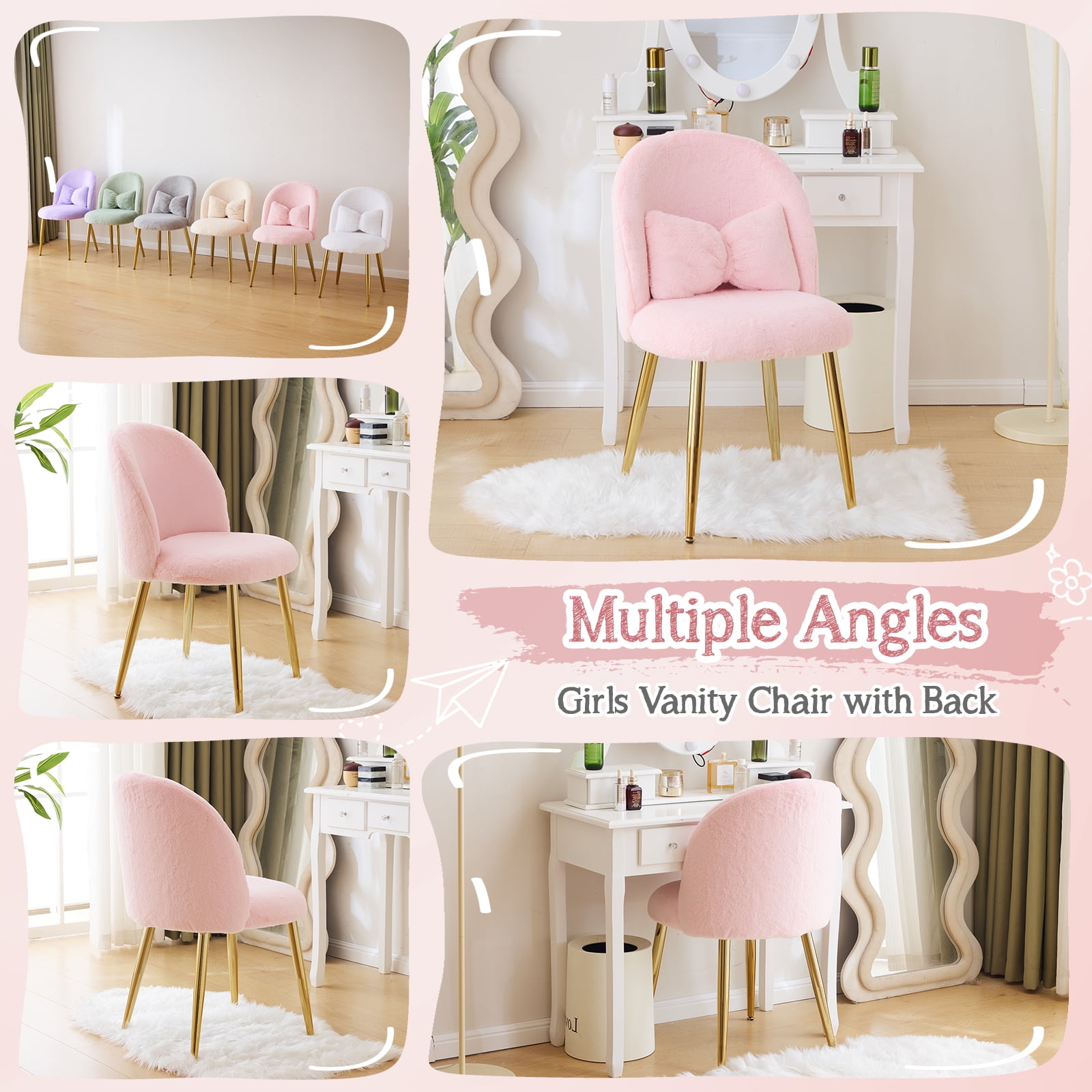 Ktaxon Vanity Makeup Chair Comfy Accent Chair Small Office Chair for Living Dining Room Bedroom Home Office Faux Rabbit Hair Pink