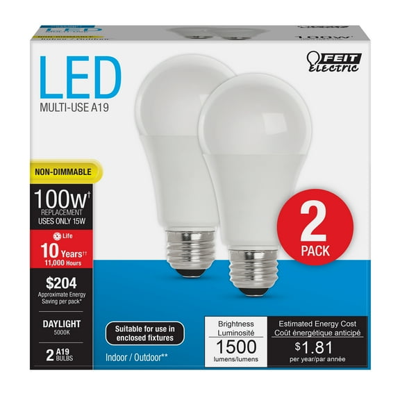 Feit Electric LED15W (100W Replace) Daylight (5000K) General Purpose Bulbs A19 E26 Base Non-Dim 2-Pk