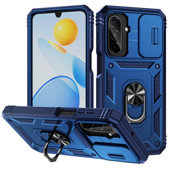 Poweltek Rotatable Ring Stand Case For Samsung Galaxy A36 5G, Shockproof Slide Lens Protection Heavy-Duty Hard PC TPU Dual‑Layer Rugged Cover, Blue