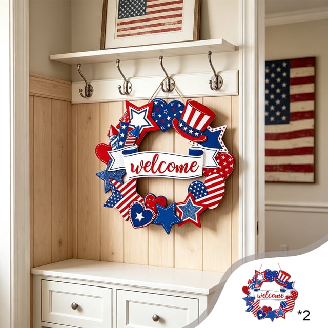 Letrero redondo de madera con diseño patriótico de estrellas y rayas – Adorno colgante para el Día de la Independencia, ideal para la puerta principal, la pared o una mesa.