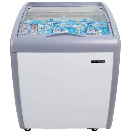 Frigidaire Commercial Chest Freezer for Ice Cream and Frozen Foods, Glass Top Display Storage Case, 4 Cu. Ft. Bin, Rolling Caster Wheels, Adjustable Temperature, Energy Efficient Cooling