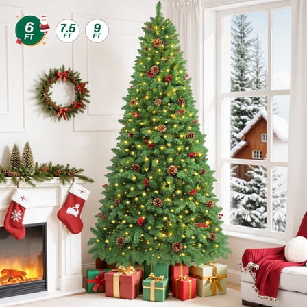 Firstness 9ft Pre-Lit Artificial Christmas Tree,Green Xmas Tree with Lights and Branch Tips,Pine Cones and Red Berries