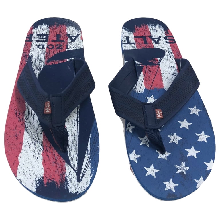 Izod Mens Patriotic Flip Flops Red White & Blue Flag Print Sandals