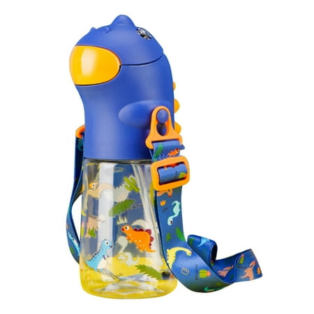 

560ml Cartoon Dinosaur Kids Water Bottle with Straw Shoulder Strap School Kettle