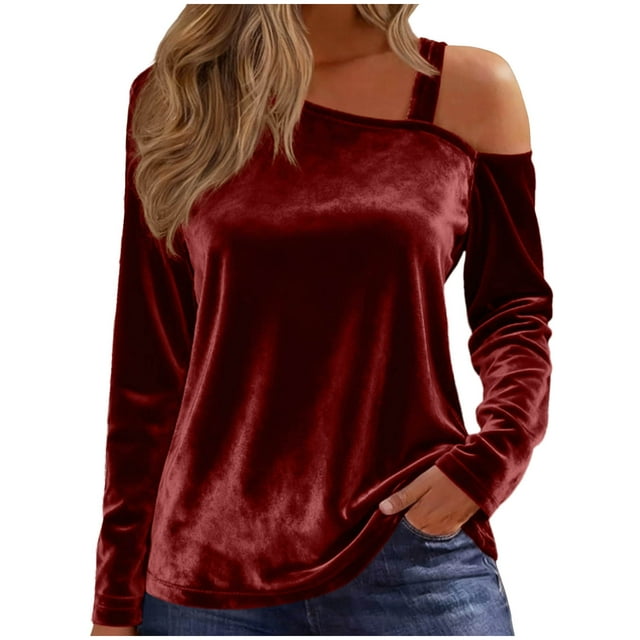 Off The Shoulder Tops, Velvet Casual Solid Color Spliced Off Shoulder Long Sleeve, Women's Top