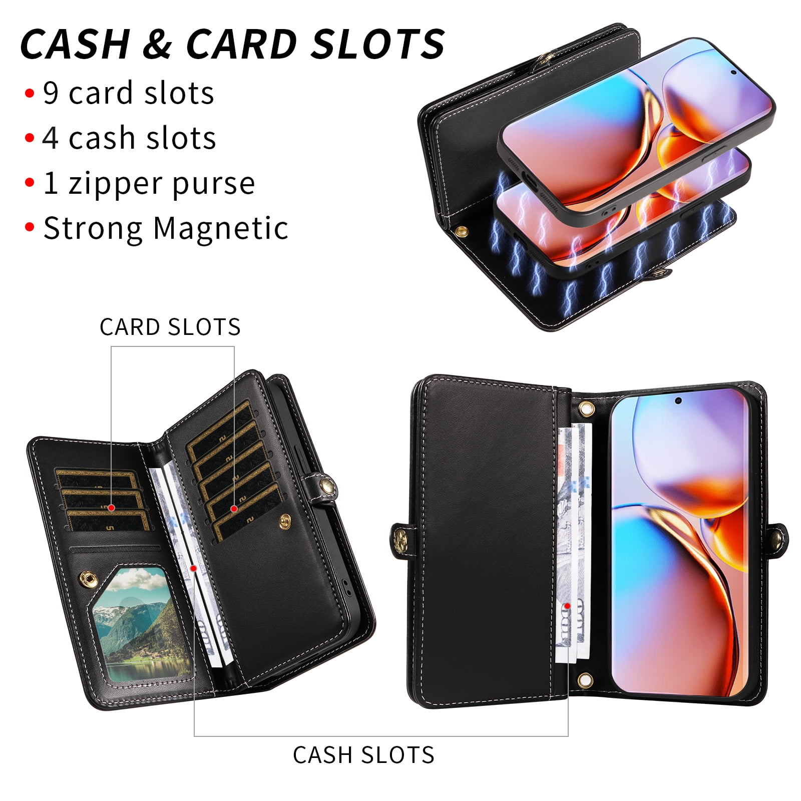 Phone Case for Motorola Edge+ Plus 2023/Edge 40 Pro 5G/Moto X40 Zipper Wallet Detachable Cell Cover with Tempered Glass Screen Protector Crossbody Lanyard Strap Glitter Flip Card Holder Slot Black
