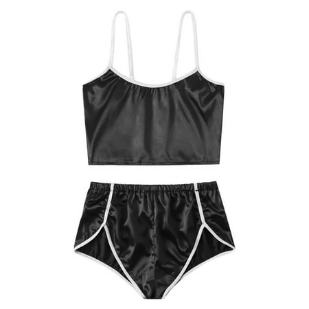 

HOTYA Women Sexy Shiny Imitaiton Silk Pajamas Lingerie Cami Top Striped Shorts Set