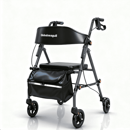 Rollator Walker with Seat, 360° Steerable Wheels, Lightweight and Foldable, Supports up to 350 lb, Gray