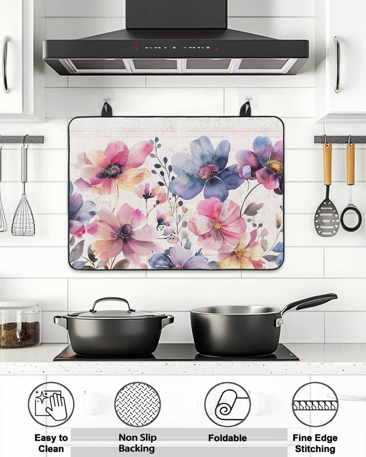 Stove Top Covers for Electric Stove, Pink Blue Spring Floral Glass Stovetop Cover Protector, Vintage Summer Botanical Rustic Induction Cooktop Protector Oven Mat for Kitchen Countertop 24"x21"