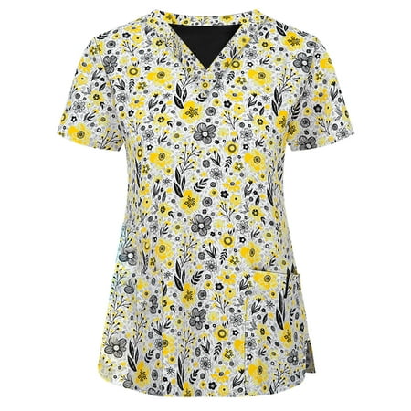 

yoeyez Scrubs for Women Tops Clearance Women Short Sleeve V-neck Tops Working Uniform Thanksgiving Blouse Blusas MéDicas Para Damas