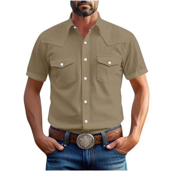 Mineart Mens Vintage Solid Color Shirts Button Down Short Sleeve Shirt Regular Fit Button Up Work Shirts with Two Pockets