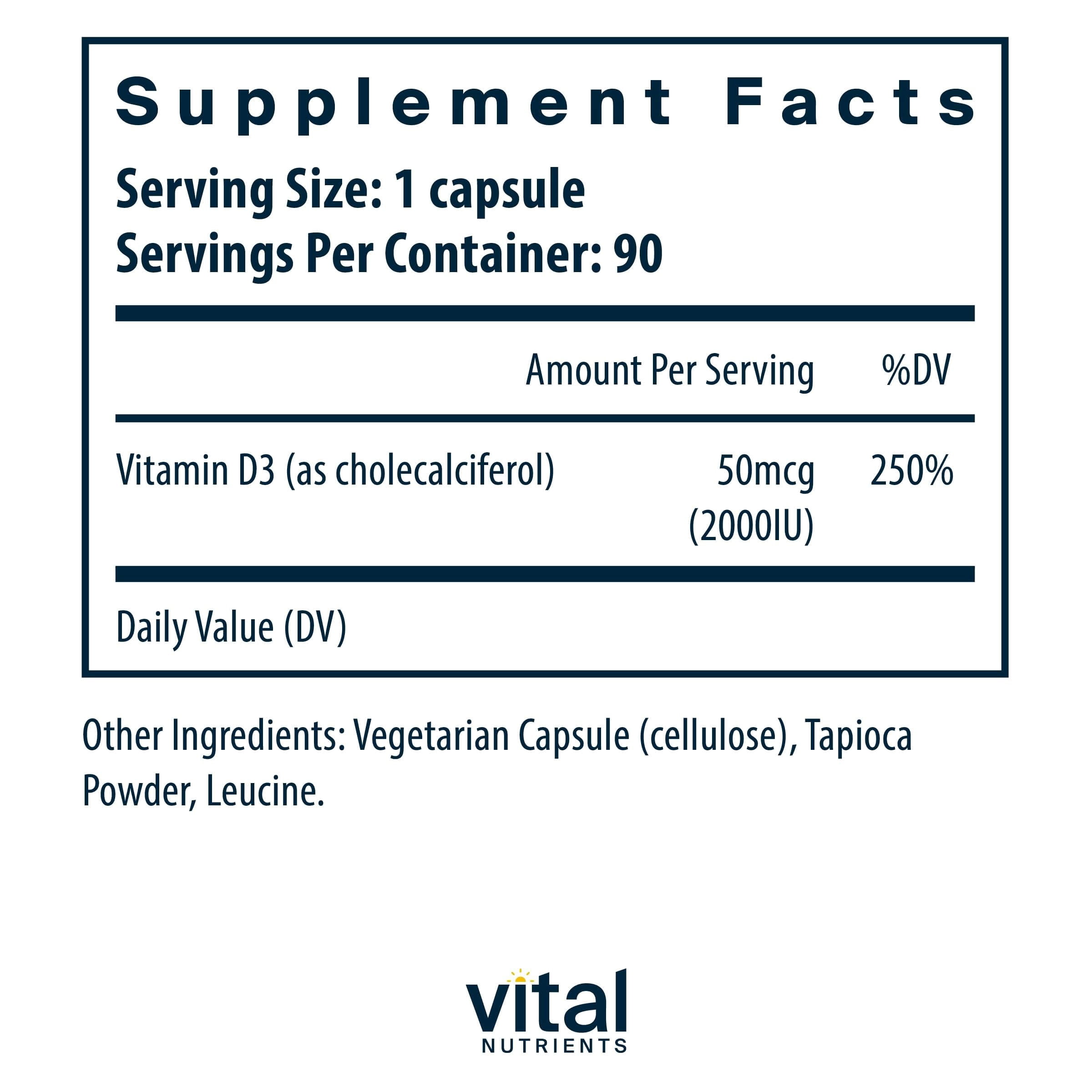 Vital Nutrients Vitamin D 2000 IU | Vitamin D3 Supplement | Healthy Bones, Teeth, Muscles| Cellular & Immune Function | Calcium Absorption | Gluten, Dairy and Soy Free | 90 Capsules