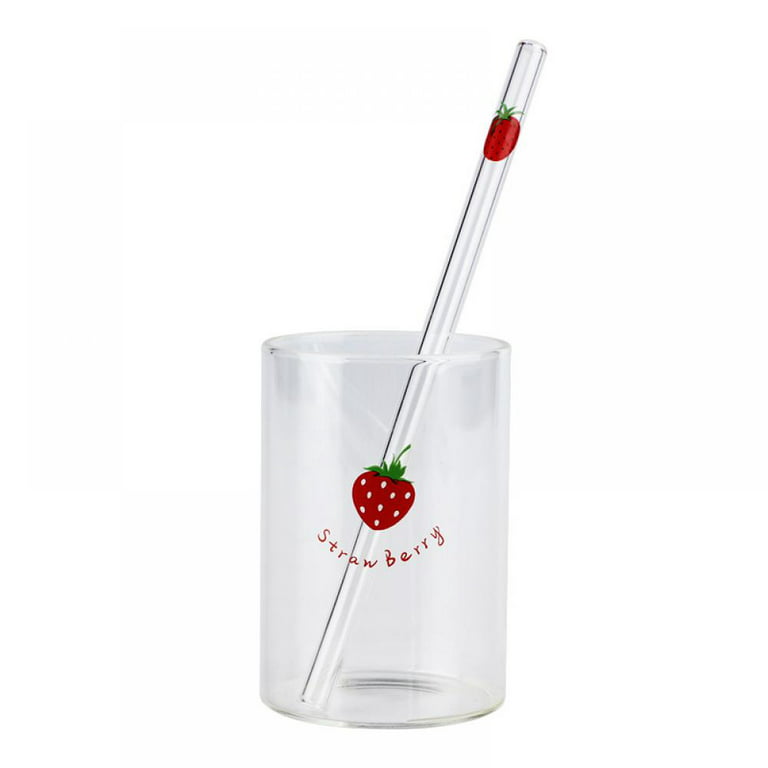 High Borosilicate Cute Strawberry Water Milk Drinking Glasses Cup with  Straw