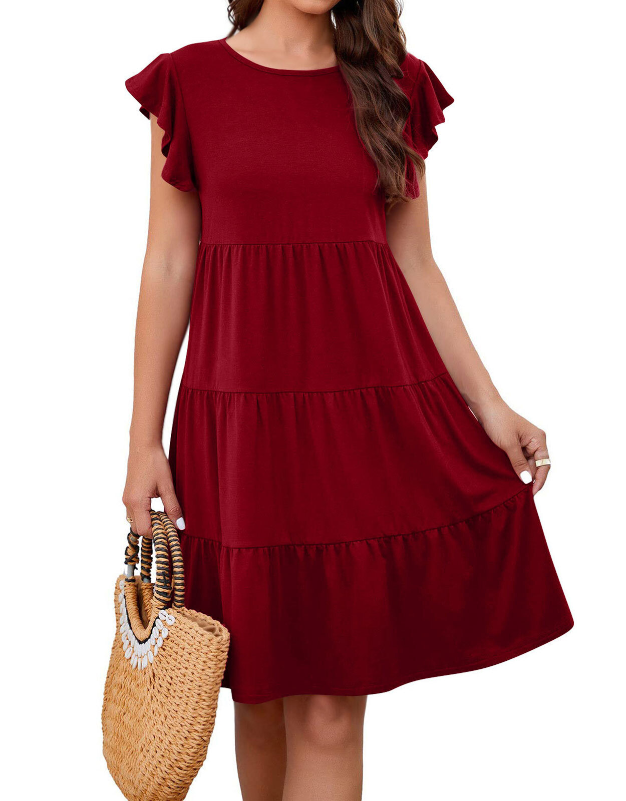 Summer Dresses for Women Round Neck Ruffled Sleeve Sun Dresses with