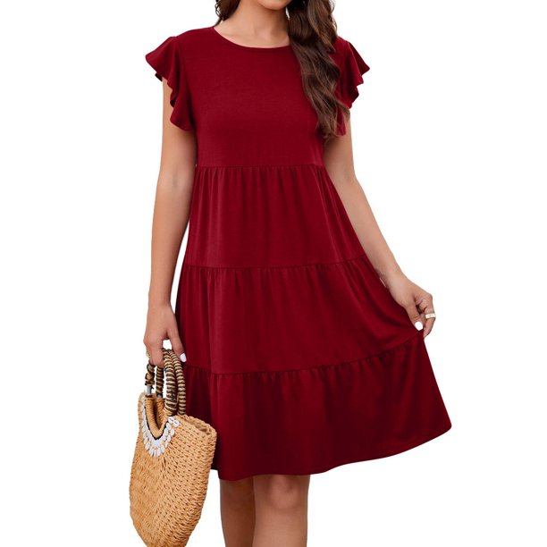 Summer Dresses for Women Round Neck Ruffled Sleeve Sun Dresses with