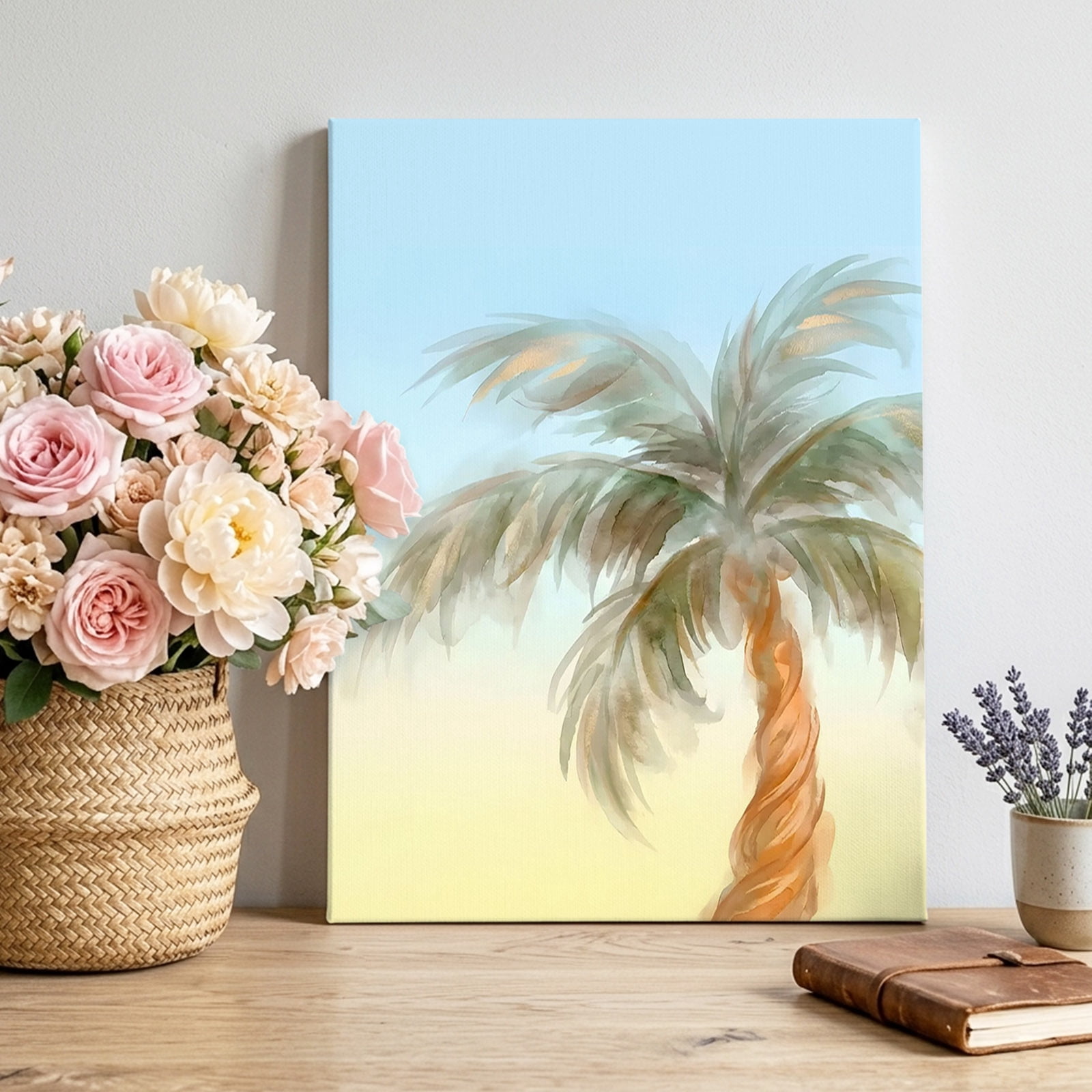 Summer Palm Tree Canvas Wall Art for Living Room, Coastal Tropical Plant Watercolor Texture Poster Print Painting for Bedroom Office Home Decoration Wall Pictures Prepare To Hang 22"x28"