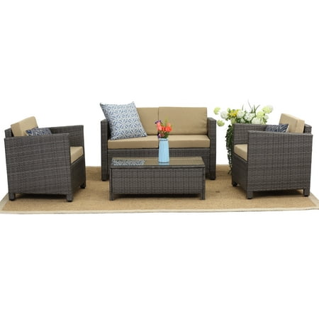 Superjoe 4 Pcs Outdoor Patio Furniture Set Wicker Sectional Sofa with Coffee Table Gray