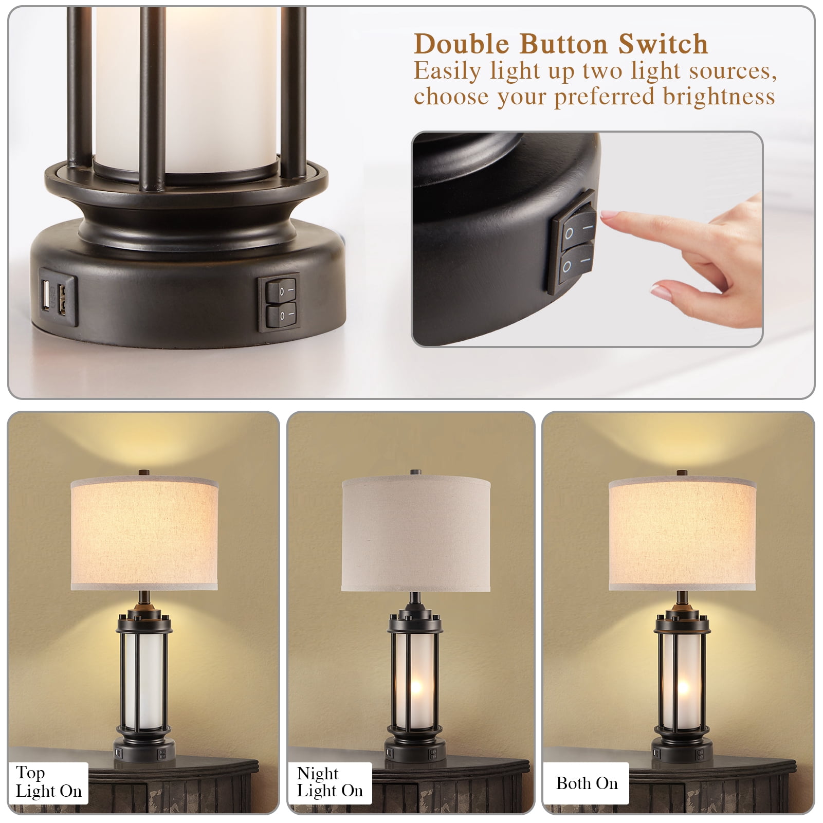 JUJUYUYOP 25" Rustic Living Room Farmhouse Table Lamp Set of 2, Featuring Dual USB Charging Ports and Night Light Function, Ideal for Living Rooms or Bedside Tables in Bedrooms (Bulb Included)