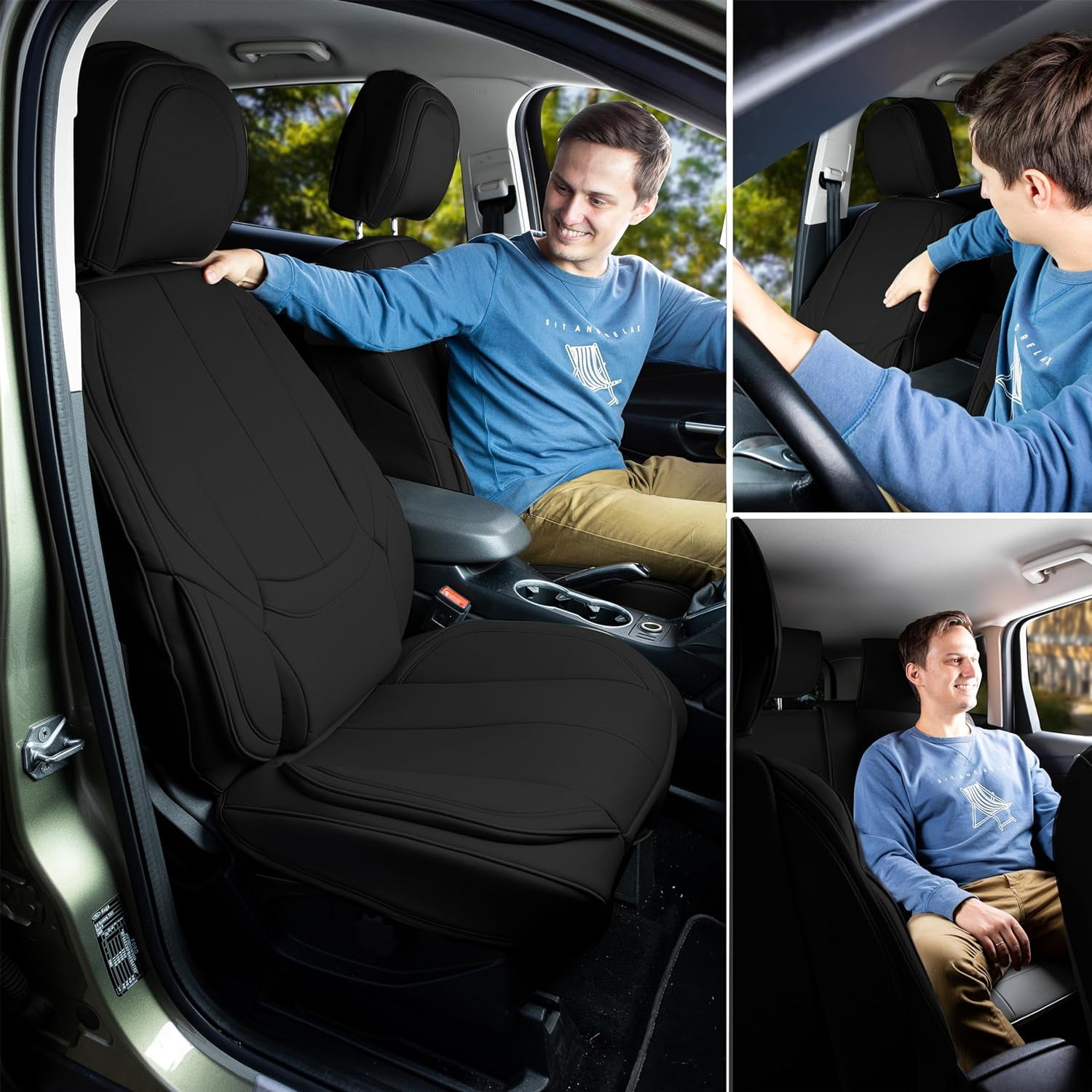 Zone Tech Full Set of 5 Seat Covers for Cars Waterproof Nappa Leather - Black