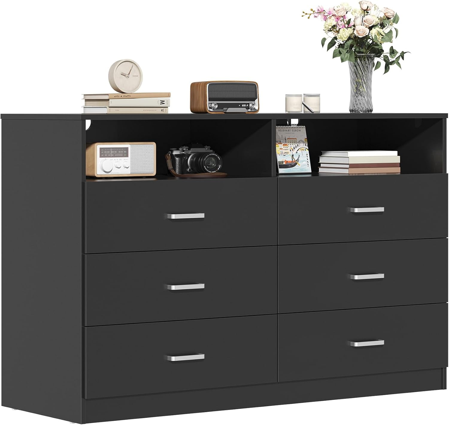 Frmobepts Wood Dresser for Bedroom, 6 Drawer Dresser with Open Storage Cubby,Black