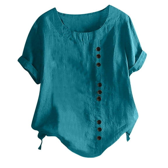 Up to 60% Off! pstuiky Womens Linen Tops, Women Cotton and Linen T-Shirt Plus Size T-Shirt Solid Color Crewneck Short Sleeve Top Printed Pullover Seven-Point Sleeve Top Sales Today Clearance Green XXL