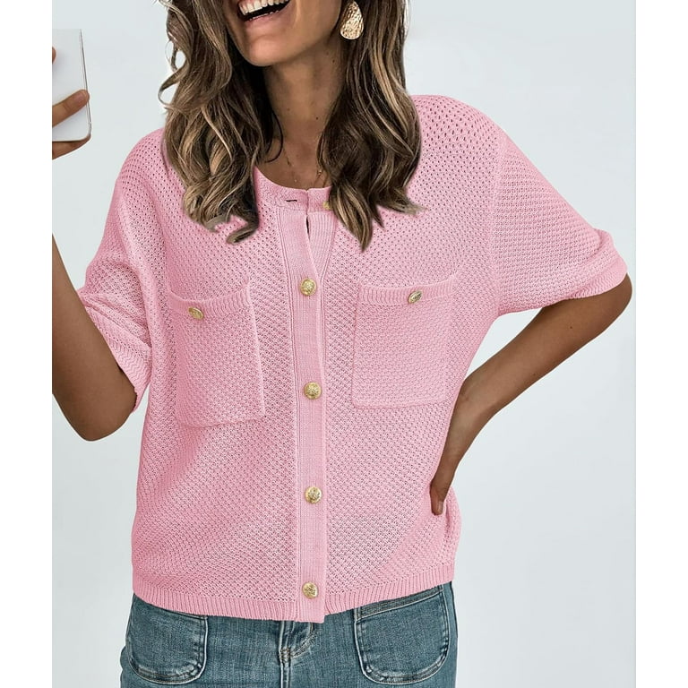 【お買い得!】 Knit Summer Women's Blouse Down Button Crewneck Casual Top Clothing